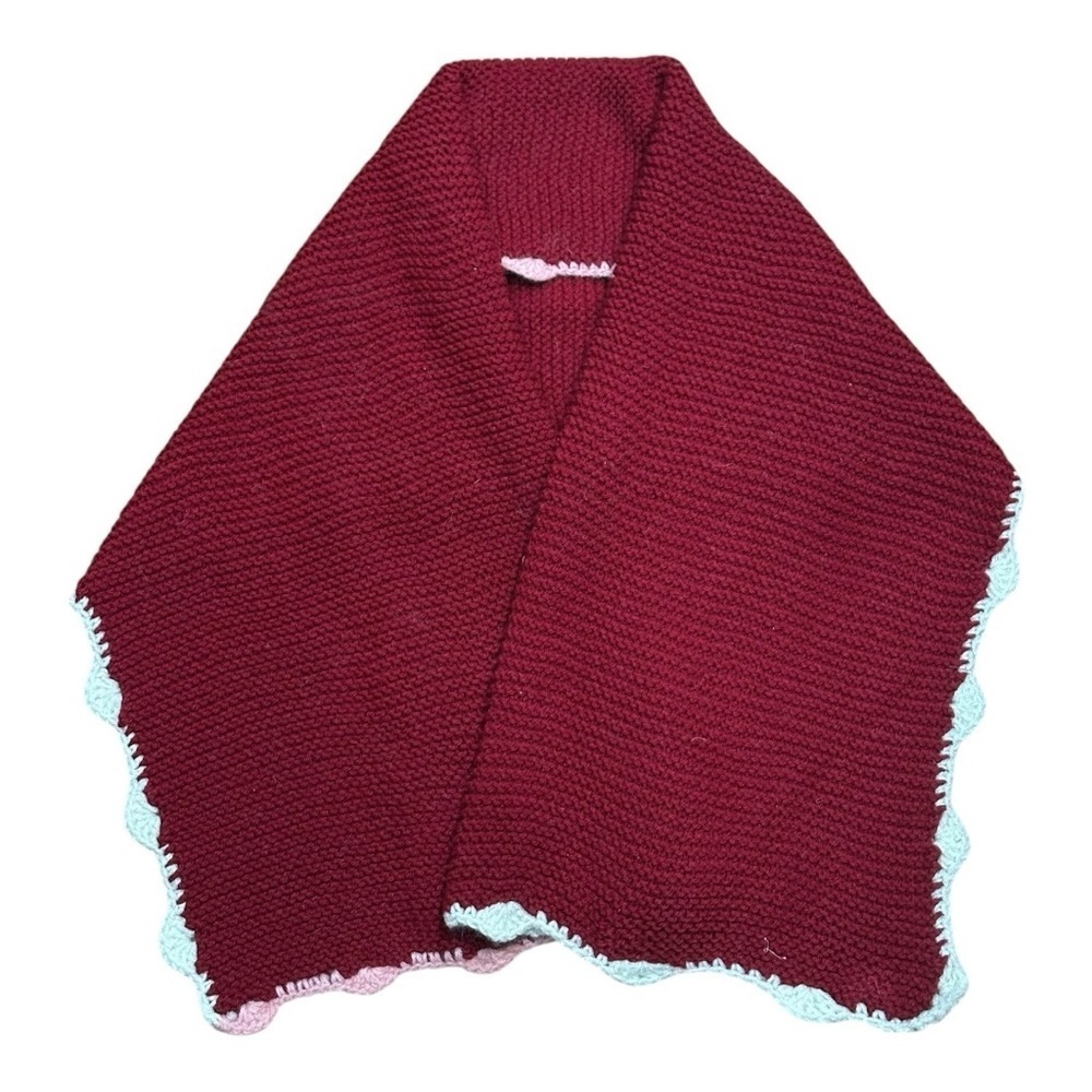 Crochet Scarf Womens OS Red With Ivory & Pink Trim Handmade 21x53 Outdoor Shawl